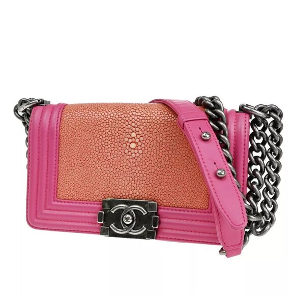 RARE!! CHNAEL CC Logo Boy Chain Shoulder Bag Exotic Leather Pink SHW 373RJ794 - Picture 1 of 14